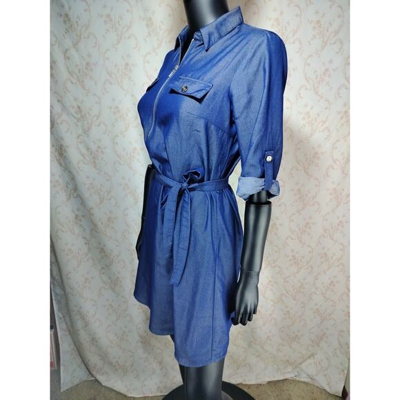 Mlle Gabrielle Lightweight Denim Look Dress Zip Front Tie Waist, Size S - Picture 3 of 16